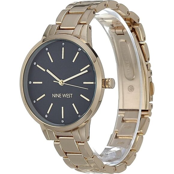 ✨ Nine West Crystal Accented Bracelet Women Black Mineral Adjustable Clasp Watch - Picture 4 of 7